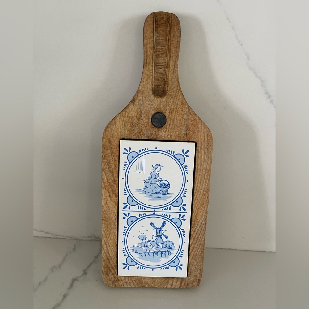 Vintage Decorative Wooden Board With Dutch Folk Delft Style Tiles